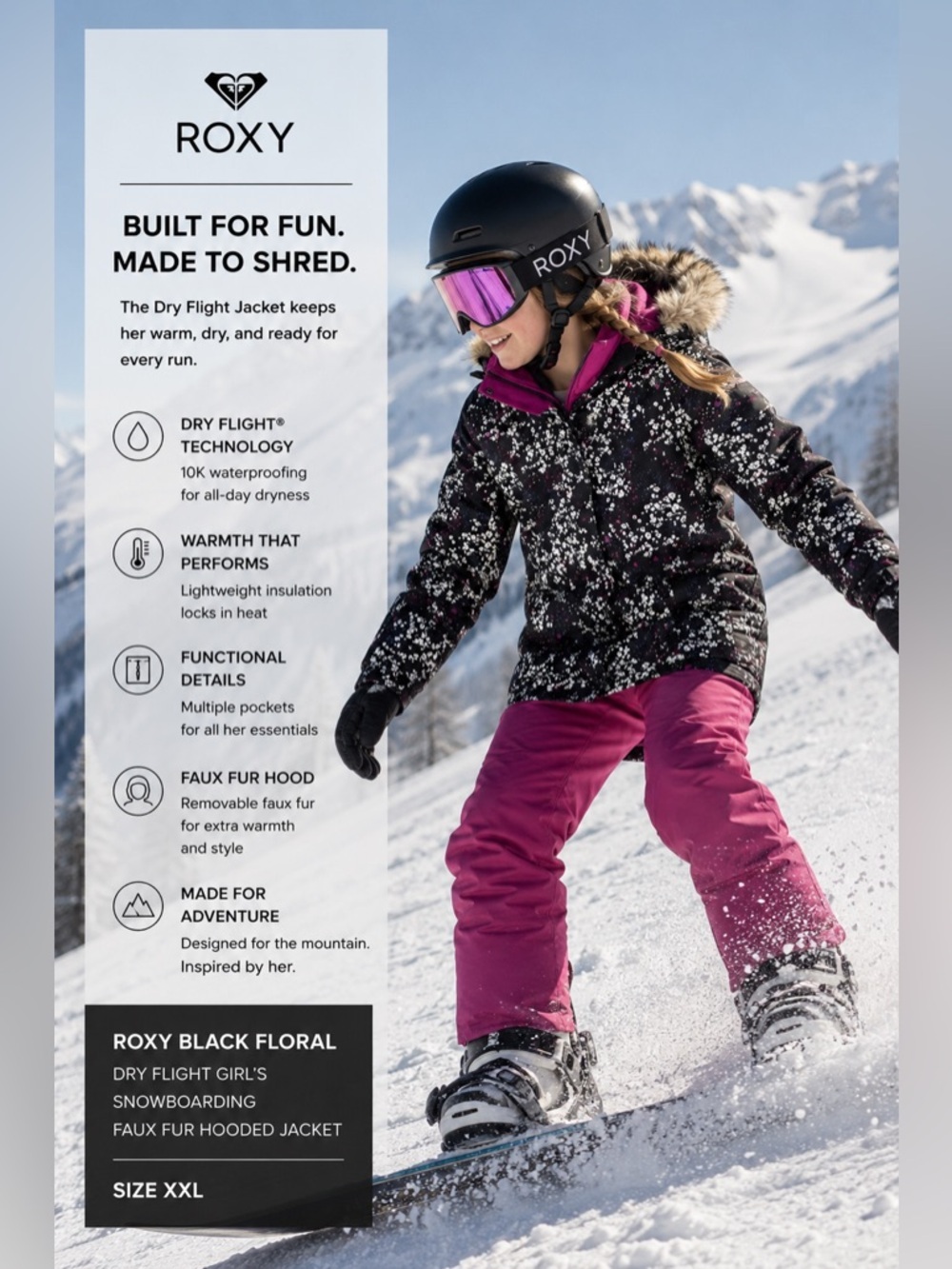 Roxy Black Floral Dry Flight Girl’s Snowboarding Faux Fur Hooded Jacket Sz XXL